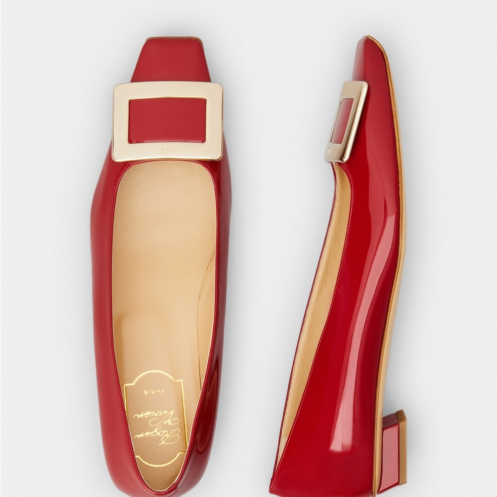 Roger Vivier Belle Vivier Metal Buckle Ballerinas in Patent Leather.